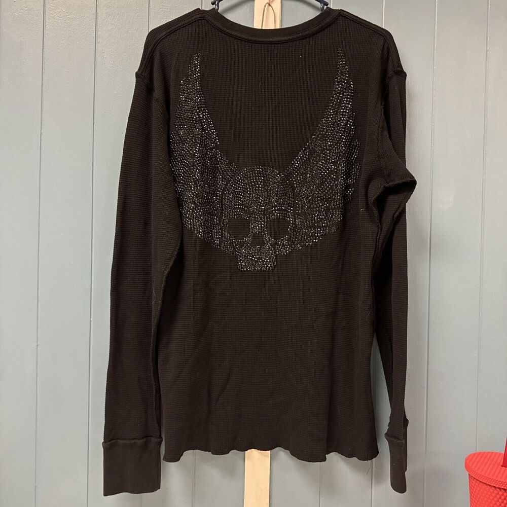 Royal Underground Y2K Thermal Rhinestone SKULL Wings Men’s L Shirt Graphic Biker - Picture 2 of 5